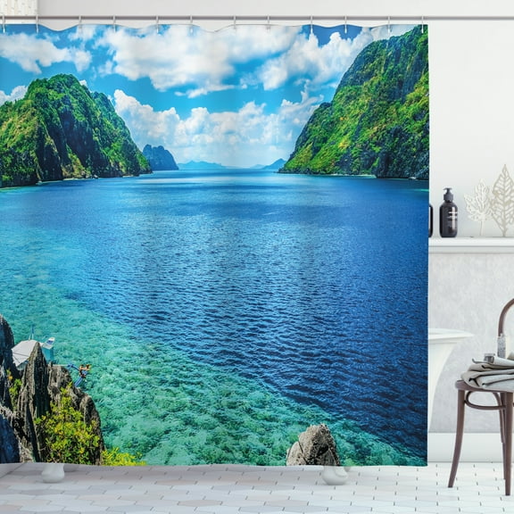 Nature Shower Curtain, Scenic View Sea Bay and Mountain Islands in Palawan Philippines Idyllic Image, Fabric Bathroom Set with Hooks, 69W X 84L Inches Extra Long, Blue Green White, by Ambesonne