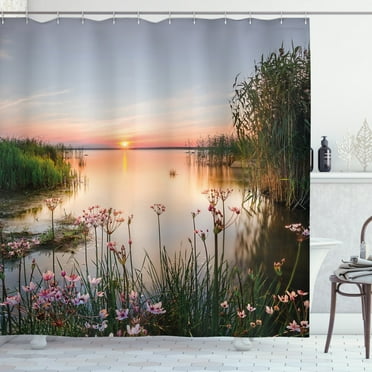 Nature Shower Curtain, Sunset at Chudskoy Lake Estonia View Spring Flowers Landscape Photo, Fabric Bathroom Set with Hooks, 69W X 75L Inches Long, Green Pale Pink Baby Blue, by Ambesonne