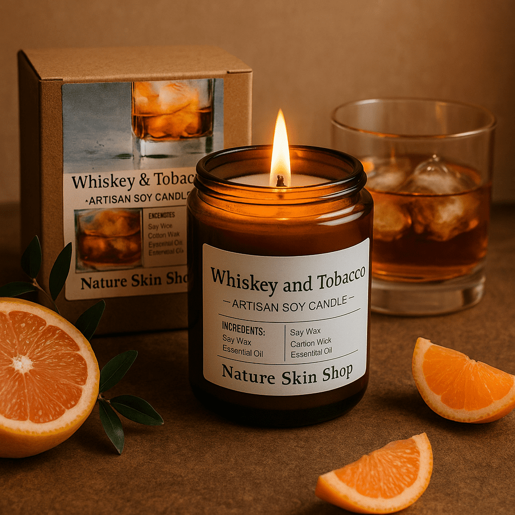 Nature Skin Shop Whiskey & Tobacco Soy Candle – Clean-Burning Wood Wick Candle with Warm Amber, Musk & Vanilla Notes – 8 oz Jar – Modern Home Fragrance