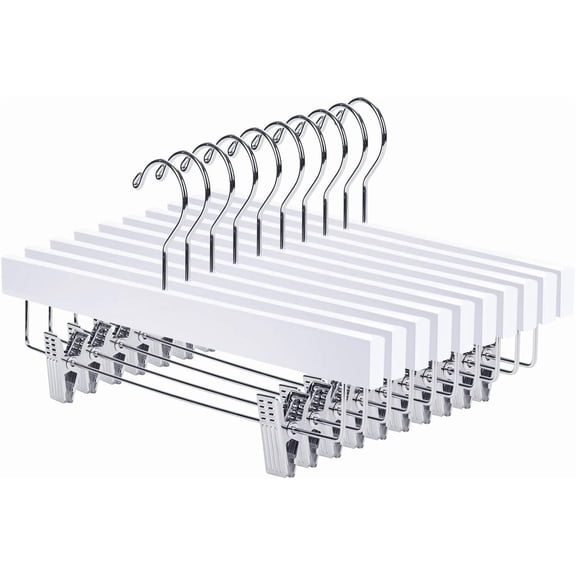 Neighborly Nook Wooden Pants Hangers Wood Bottom Jeans Skirt Hanger with Clips Anti Rust Hook Pack of 10 (White)