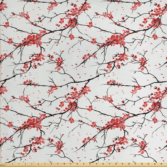 Ambesonne Flower Fabric by the Yard Upholstery, Windy April Weather, 3 Yards, Coral Black