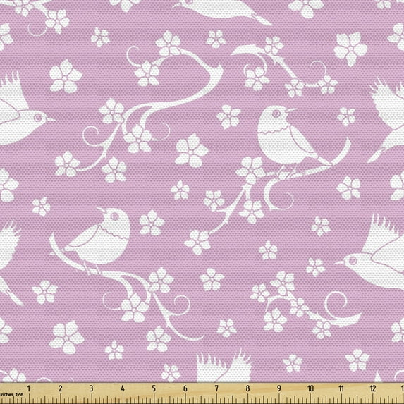 Nature Sofa Upholstery Fabric by the Yard, Pattern of Burgeoning Sakura Branches Birds Japanese Inspired Garden Art, Decorative Fabric for DIY and Home Accents, Pale Pink and White by Ambesonne