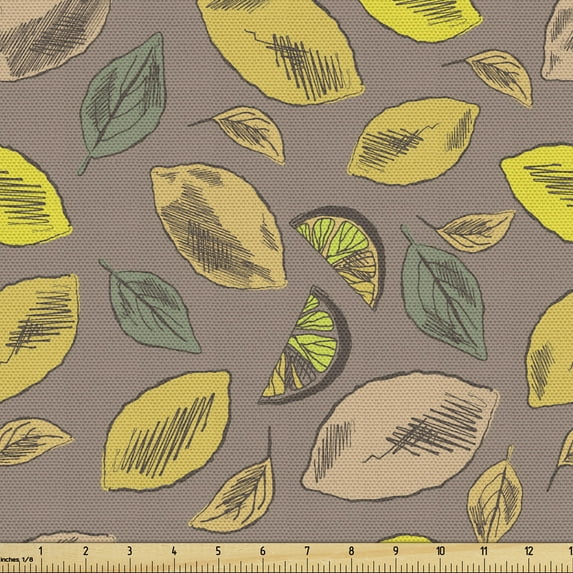 Nature Sofa Upholstery Fabric by the Yard, Tropical Lemon Like Citrus Fruit with Various Falling Leafs Autumn Doodle Art, Decorative Fabric for DIY and Home Accents, Umber Multicolor by Ambesonne