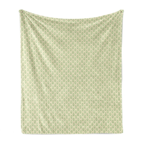Nature Soft Flannel Fleece Blanket, Abstract Geometric Spring Themed Green Leaves Repeating Pattern on White Background, Cozy Plush for Indoor and Outdoor Use, 50" x 70", Green White, by Ambesonne