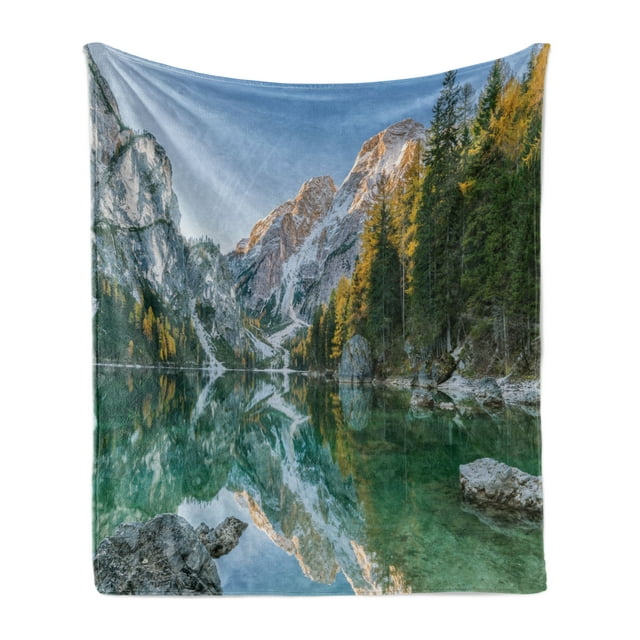 Nature Soft Flannel Fleece Blanket, Autumn Landscape with Faded Trees and Mountains Pure Reflection in Water Dream Photo, Cozy Plush for Indoor and Outdoor Use, 50" x 70", Green Grey, by Ambesonne