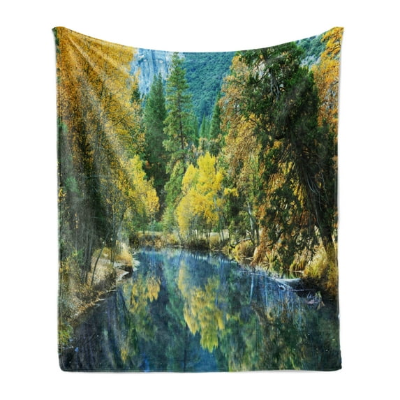Nature Soft Flannel Fleece Blanket, Autumn Landscape Scenery Forest by River Seasonal Rural Countryside Picture, Cozy Plush for Indoor and Outdoor Use, 50" x 60", Green Blue Yellow, by Ambesonne