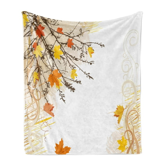 Nature Soft Flannel Fleece Blanket, Autumn Maple Leaves Branches in Fall Earthen Tones Faded Woodland Art Print, Cozy Plush for Indoor and Outdoor Use, 60" x 80", Tan Yellow Orange, by Ambesonne