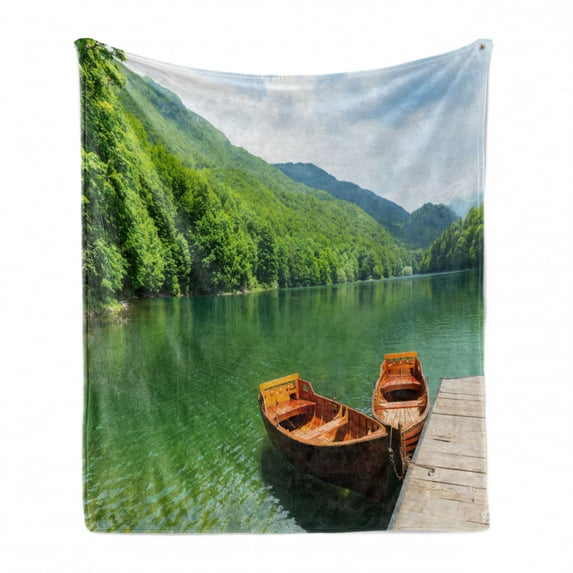 Nature Soft Flannel Fleece Blanket, Boats on the Lake by Forest Surreal Serene in Woodland Paastoral Landscape, Cozy Plush for Indoor and Outdoor Use, 60" x 80", Fern Green Cinnamon, by Ambesonne