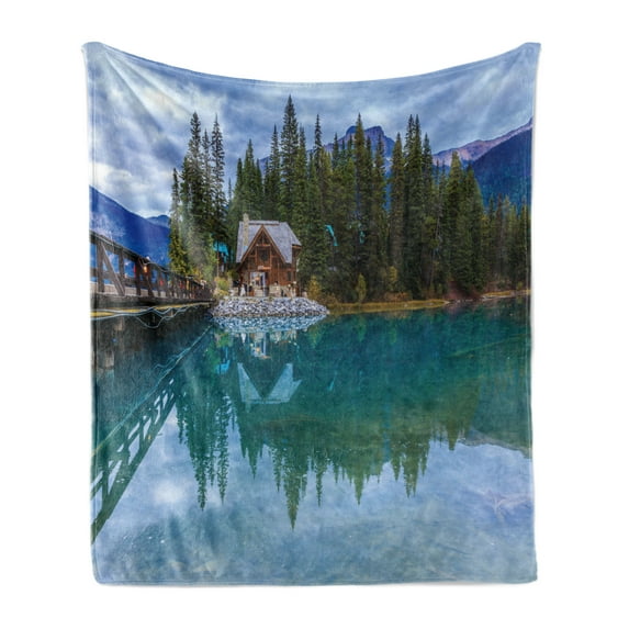 Nature Soft Flannel Fleece Blanket, Canadian Emerald Lake Scenery with a Wooden Cottage House Country View, Cozy Plush for Indoor and Outdoor Use, 70" x 90", Petrol Blue Olive Green, by Ambesonne