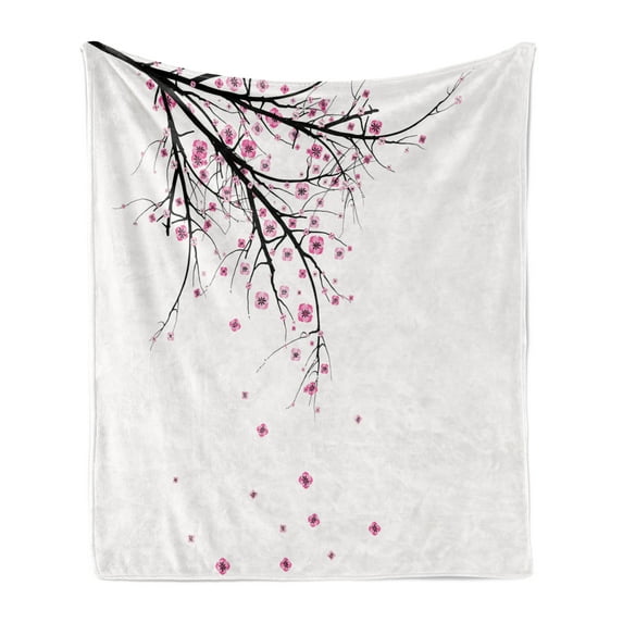 Nature Soft Flannel Fleece Blanket, Cherry Blossoming Falling Petals Flowers Springtime Park Simple Illustration Print, Cozy Plush for Indoor and Outdoor Use, 50" x 70", Pink Black, by Ambesonne