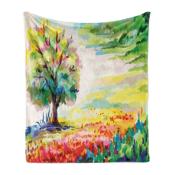 Nature Soft Flannel Fleece Blanket, Colorful Hand Drawn Flowers Grass and Trees Forest Rural Scenery Watercolors Artwork, Cozy Plush for Indoor and Outdoor Use, 50" x 70", Multicolor, by Ambesonne
