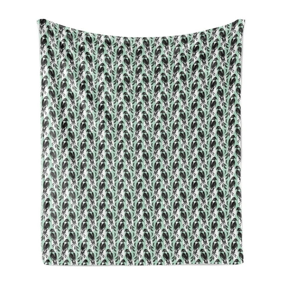 Nature Soft Flannel Fleece Blanket, Ethnic Birds Pattern Similar to Magpie Raindrop Ovals Dots Pastel Design, Cozy Plush for Indoor and Outdoor Use, 50" x 70", Mint Green Dark Grey, by Ambesonne