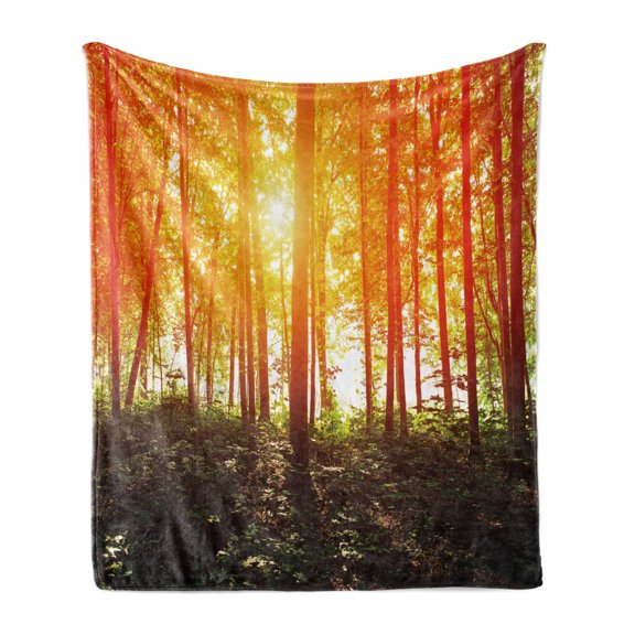Nature Soft Flannel Fleece Blanket, Foggy Forest Scenery with Sunrays Reflecting on Trees Mystic Woodland Image, Cozy Plush for Indoor and Outdoor Use, 60" x 80", Orange Fern Green, by Ambesonne