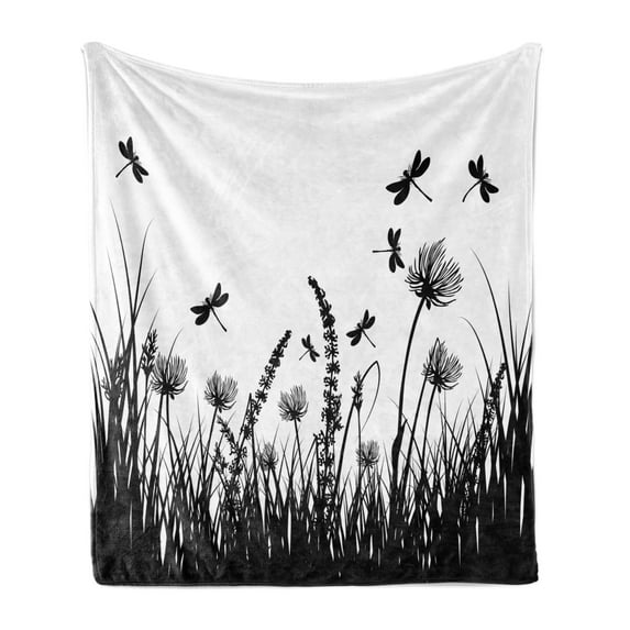 Nature Soft Flannel Fleece Blanket, Grass Bush Meadow Silhouette with Dragonflies Flying Spring Garden Plants Display, Cozy Plush for Indoor and Outdoor Use, 60" x 80", Black White, by Ambesonne