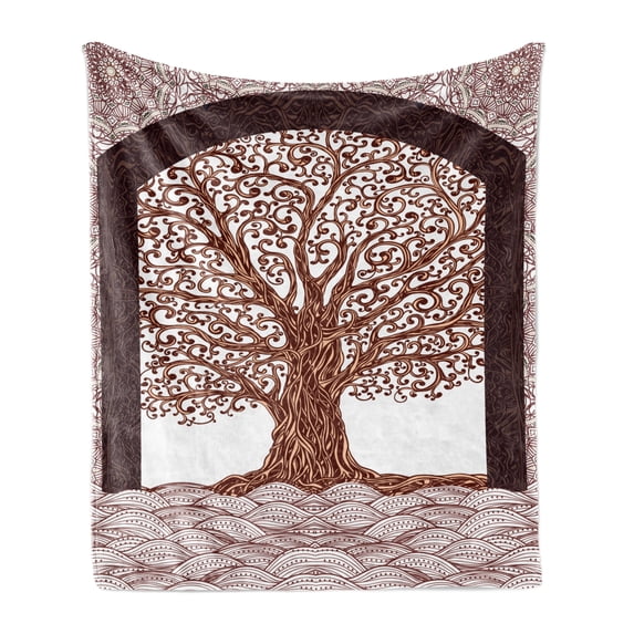 Nature Soft Flannel Fleece Blanket, Hand Drawn Tree Branch Roots with Modern Wavy Lines and Mandala Background Artwork, Cozy Plush for Indoor and Outdoor Use, 50" x 70", Maroon Brown, by Ambesonne