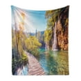 thumbnail image 1 of Nature Soft Flannel Fleece Blanket, Idyllic Lake with Waterfall Flowing down the Hills in National Park Autumn Scenery, Cozy Plush for Indoor and Outdoor Use, 60" x 80", Multicolor, by Ambesonne, 1 of 5