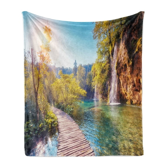 Nature Soft Flannel Fleece Blanket, Idyllic Lake with Waterfall Flowing down the Hills in National Park Autumn Scenery, Cozy Plush for Indoor and Outdoor Use, 70" x 90", Multicolor, by Ambesonne