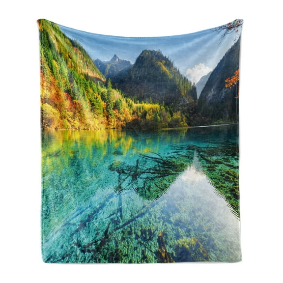 Nature Soft Flannel Fleece Blanket, Idyllic Mountain Creek Crystal Water Forest Pastoral Rural Landscape, Cozy Plush for Indoor and Outdoor Use, 50" x 70", Teal Fern Green Marigold, by Ambesonne