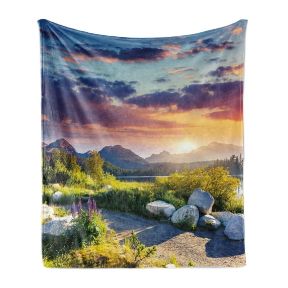 Nature Soft Flannel Fleece Blanket, Idyllic Skyline in National Park on European Mountains Tranquil Scenery, Cozy Plush for Indoor and Outdoor Use, 70" x 90", Fern Green Blue Lilac, by Ambesonne
