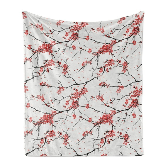 Nature Soft Flannel Fleece Blanket, Illustration of Sakura Branches Windy April Weather in Japanese Painting Style Art, Cozy Plush for Indoor and Outdoor Use, 50" x 70", Coral Black, by Ambesonne