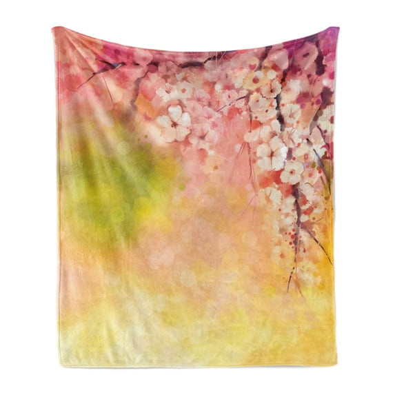 Nature Soft Flannel Fleece Blanket, Japanese Cherry Sakura Floral Artwork in Soft Color over Blurred Background, Cozy Plush for Indoor and Outdoor Use, 50" x 70", Pink Green Yellow, by Ambesonne