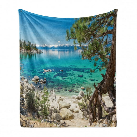 Nature Soft Flannel Fleece Blanket, Lake Tahoe Snowy Mountain Reflection on Clear Water Rocky Shore View, Cozy Plush for Indoor and Outdoor Use, 60" x 80", Pale Blue Green Eggshell, by Ambesonne