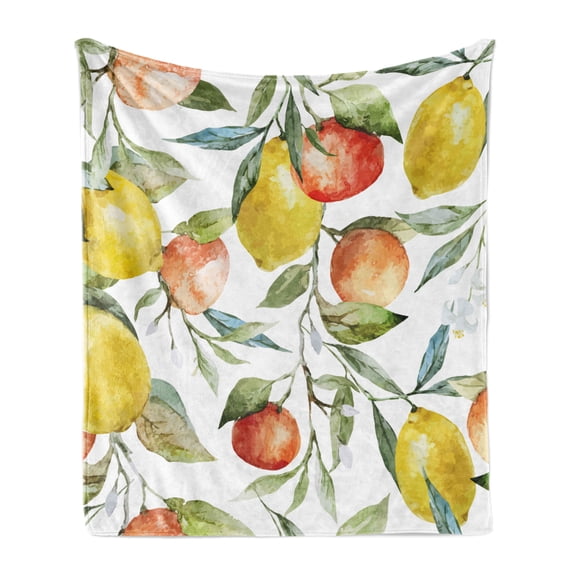 Nature Soft Flannel Fleece Blanket, Lemon and Orange Clementine Tree Branches Fruit Yummy Winter Season Vitamin Design, Cozy Plush for Indoor and Outdoor Use, 50" x 60", Multicolor, by Ambesonne