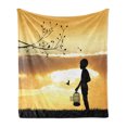 thumbnail image 1 of Nature Soft Flannel Fleece Blanket, Little Child Silhouette with a Bird Cage at Sunset in Forest Rural Trees Birds, Cozy Plush for Indoor and Outdoor Use, 70" x 90", Marigold Black, by Ambesonne, 1 of 5