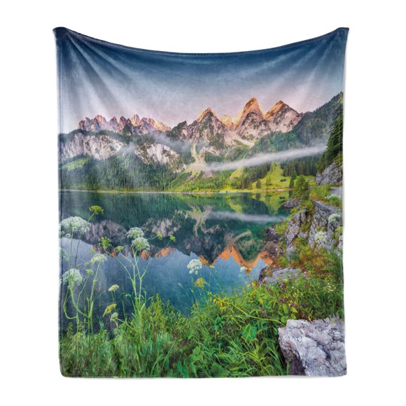Nature Soft Flannel Fleece Blanket, Misty Summer Morning on Austrian Alps Mountain Range with Lake Wanderlust Landscape, Cozy Plush for Indoor and Outdoor Use, 50" x 60", Green Blue, by Ambesonne