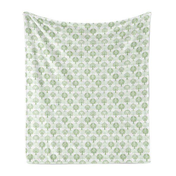 Nature Soft Flannel Fleece Blanket, Monochrome Garden Image of Rhythmic Trees and Silhouettes on Background, Cozy Plush for Indoor and Outdoor Use, 50" x 60", White and Peacock Green, by Ambesonne