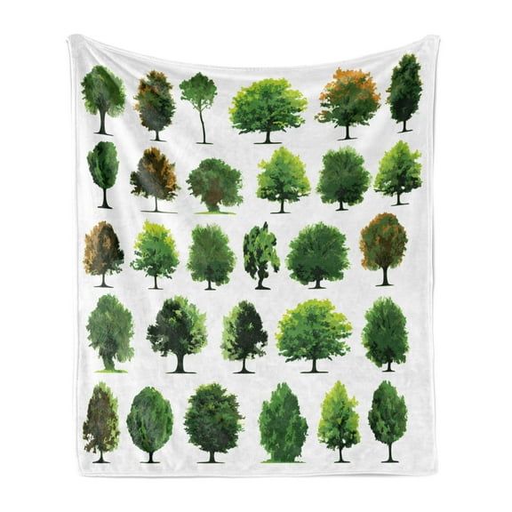 Nature Soft Flannel Fleece Blanket, Mother Nature Gift Different Types of Trees and Pines Planes Bushes Art Print, Cozy Plush for Indoor and Outdoor Use, 70" x 90", White and Green, by Ambesonne