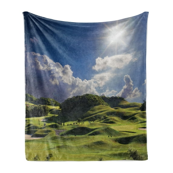 Nature Soft Flannel Fleece Blanket, Mountain Pasture Sunshine Summer View Grassy Hills Panoramic Photo Golf Court Like, Cozy Plush for Indoor and Outdoor Use, 60" x 80", Green Blue, by Ambesonne