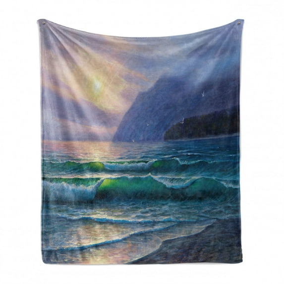 Nature Soft Flannel Fleece Blanket, Ocean Waves in the Morning an Sun Sky Above Mountain Foggy Horizon Surreal Scenery, Cozy Plush for Indoor and Outdoor Use, 50" x 60", Lilac Teal, by Ambesonne