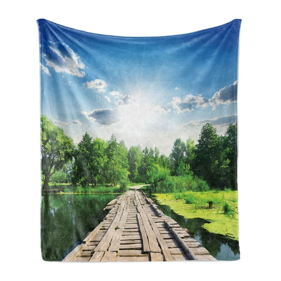 Nature Soft Flannel Fleece Blanket, Old Wooden Vintage Wooden Deck on Silent River in Sunny Day Rays Fresh Forest Photo, Cozy Plush for Indoor and Outdoor Use, 50" x 60", Blue Green, by Ambesonne