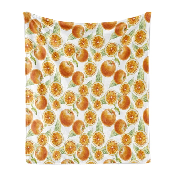 Nature Soft Flannel Fleece Blanket, Orange Fruit Leaves Pattern Watercolors Citrus Eco Juicy Healthy Food Artwork, Cozy Plush for Indoor and Outdoor Use, 60" x 80", Orange Pale Green, by Ambesonne