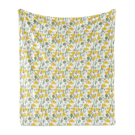 Nature Soft Flannel Fleece Blanket, Ornamental Wild Daffodils and Meadow Flowers on Plain Background, Cozy Plush for Indoor and Outdoor Use, 60" x 80", Earth Yellow Green and White, by Ambesonne
