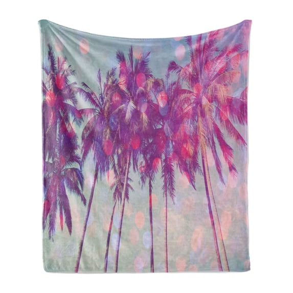 Nature Soft Flannel Fleece Blanket, Palm Trees Hawaiian Tropic Seashore Beach Californian Miami Sunbeams Image, Cozy Plush for Indoor and Outdoor Use, 60" x 80", Fuchsia Purple Green, by Ambesonne