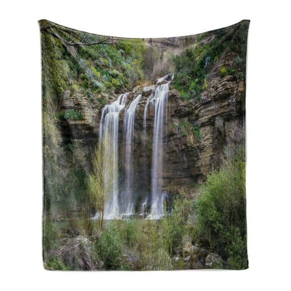 Nature Soft Flannel Fleece Blanket, Photo of Waterfall Forest Jungle Corleone Sicily Rocks Trees Grass Landscape, Cozy Plush for Indoor and Outdoor Use, 50" x 60", Brown Green White, by Ambesonne