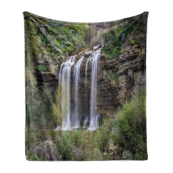 Nature Soft Flannel Fleece Blanket, Photo of Waterfall Forest Jungle Corleone Sicily Rocks Trees Grass Landscape, Cozy Plush for Indoor and Outdoor Use, 60" x 80", Brown Green White, by Ambesonne