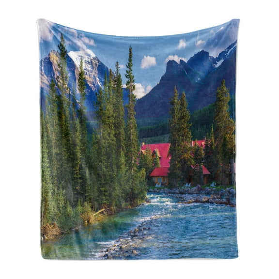 Nature Soft Flannel Fleece Blanket, Pipestone River Rushes Past Log Lake Louise Village Banff National Park, Cozy Plush for Indoor and Outdoor Use, 50" x 70", Forest Green Turquoise, by Ambesonne