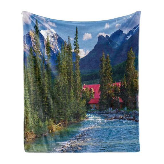 Nature Soft Flannel Fleece Blanket, Pipestone River Rushes Past Log Lake Louise Village Banff National Park, Cozy Plush for Indoor and Outdoor Use, 70" x 90", Forest Green Turquoise, by Ambesonne