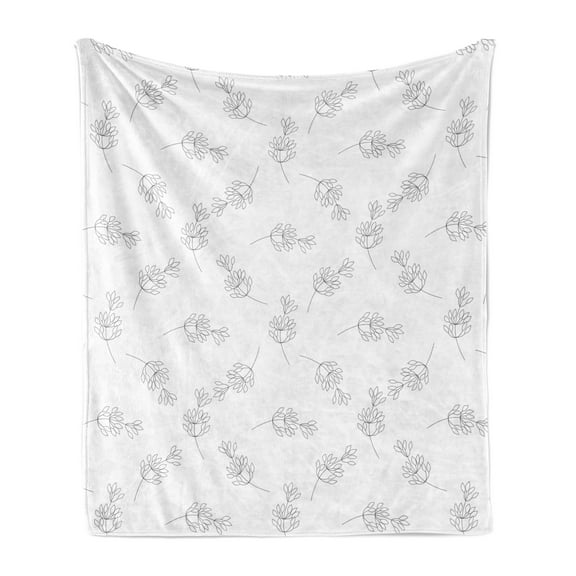 Nature Soft Flannel Fleece Blanket, Print of Pencil Drawn Inspired Flower Drawings Illustrated on a Plain Background, Cozy Plush for Indoor and Outdoor Use, 50" x 70", Grey and White, by Ambesonne
