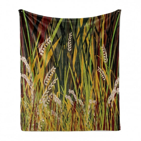 Nature Soft Flannel Fleece Blanket, Reeds Dried Leaves Wheat River Wild Plant Forest Farm Country Life Art Print Image, Cozy Plush for Indoor and Outdoor Use, 60" x 80", Multicolor, by Ambesonne