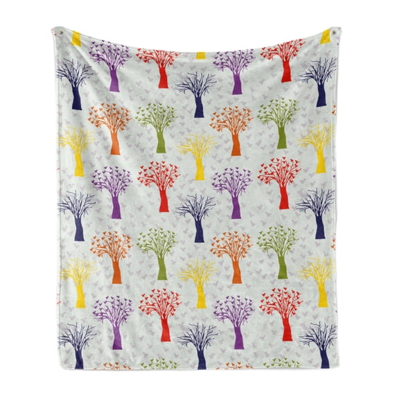 Nature Soft Flannel Fleece Blanket, Repeated Print of Sparrows Settled Colorful Cartoon Trees Bird Patterns, Cozy Plush for Indoor and Outdoor Use, 60" x 80", Indigo and Multicolor, by Ambesonne