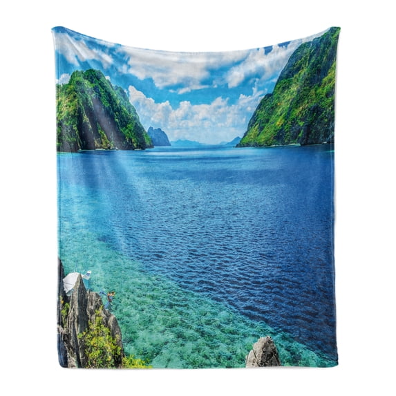 Nature Soft Flannel Fleece Blanket, Scenic View Sea Bay and Mountain Islands in Palawan Philippines Idyllic Image, Cozy Plush for Indoor and Outdoor Use, 50" x 60", Blue Green White, by Ambesonne