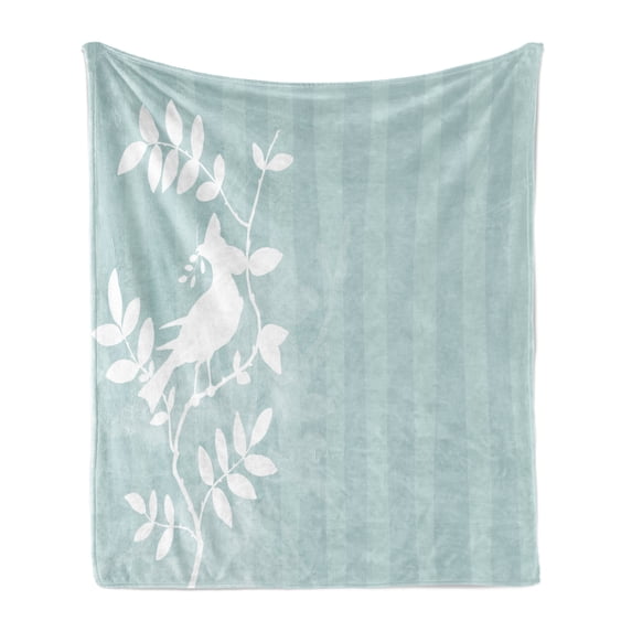 Nature Soft Flannel Fleece Blanket, Silhouette of Bird Sitting on the Tree Branch on Striped Backdrop Summer Print, Cozy Plush for Indoor and Outdoor Use, 50" x 70", Turquoise White, by Ambesonne