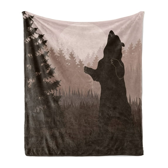 Nature Soft Flannel Fleece Blanket, Silhouette of Wild Bear in the Jungle Woodland at Dark Night Illustration, Cozy Plush for Indoor and Outdoor Use, 70" x 90", Army Green Pale Peach, by Ambesonne
