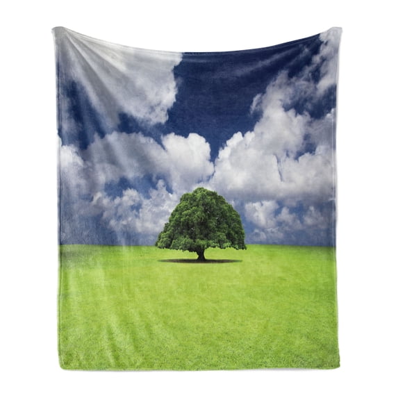 Nature Soft Flannel Fleece Blanket, Single Old Tree on Wide Grass Field Fluffy Clouds Sunny Summer Day Cloudscape Print, Cozy Plush for Indoor and Outdoor Use, 60" x 80", Green Blue, by Ambesonne