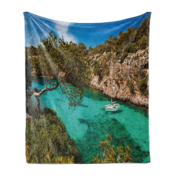 Nature Soft Flannel Fleece Blanket, Small Yacht Floating in Sea Majorca Spain Rocky Hills Forest Trees Scenic View, Cozy Plush for Indoor and Outdoor Use, 50" x 60", Green Aqua Blue, by Ambesonne