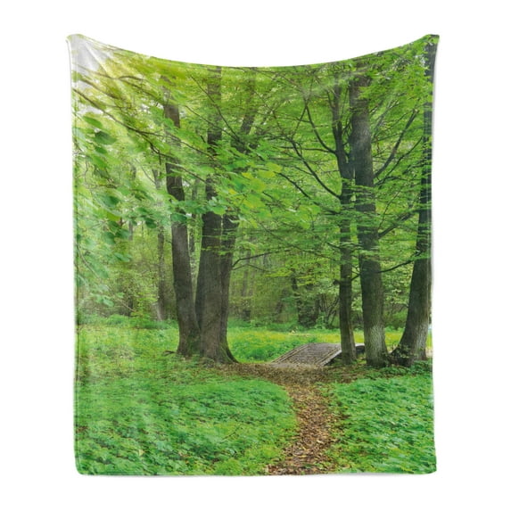 Nature Soft Flannel Fleece Blanket, Summer Season Forest with Flourishing Trees Grass and Pathway Tranquil Scenery, Cozy Plush for Indoor and Outdoor Use, 50" x 70", Fern Green Brown, by Ambesonne